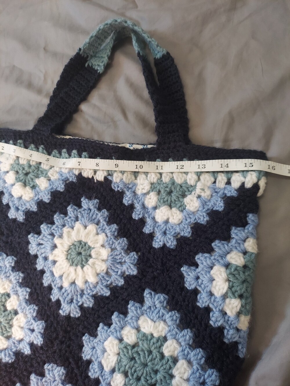 Granny Squares Crochet Tote Bag Handmade Fully Lined Blue, Navy, White - Picture 6 of 8